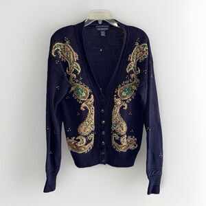 Vtg Herman Geist Embroidered Sweater Cardigan Cotton Linen Granny Cottage Medium